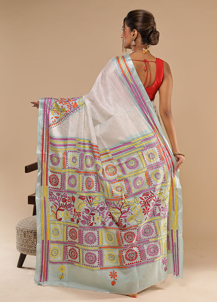 Multicolor Kantha Stitch Silk Saree With Blouse Piece