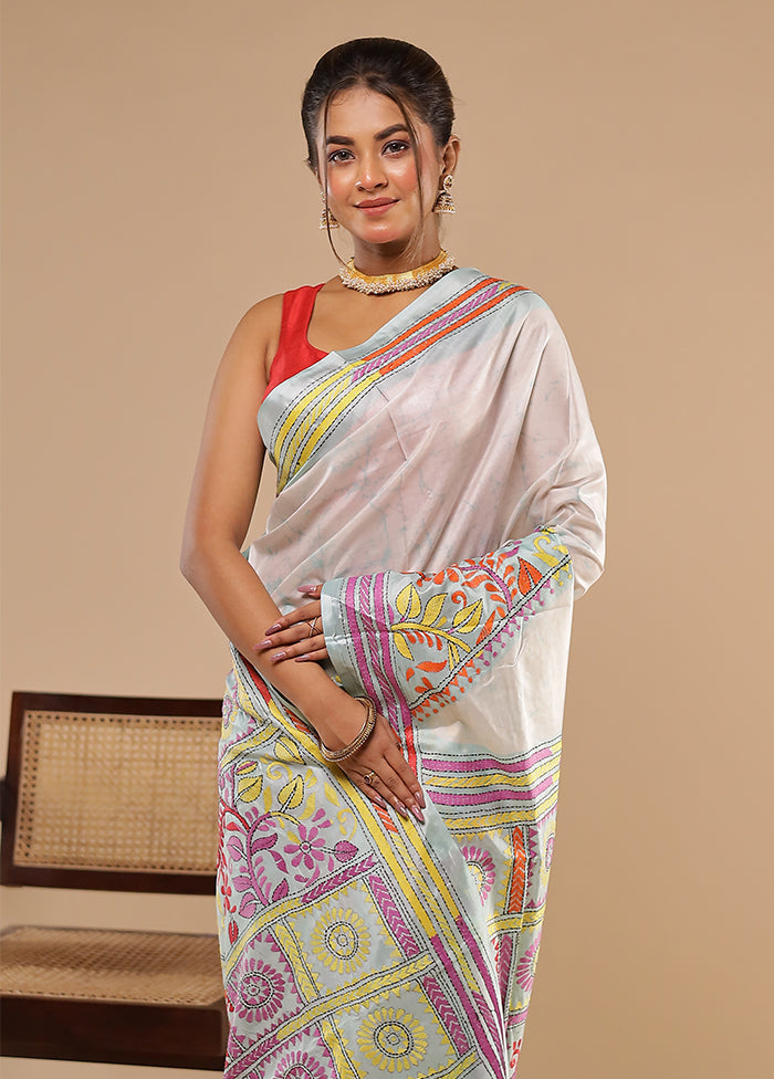 Multicolor Kantha Stitch Silk Saree With Blouse Piece