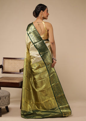 Cream Handloom Kanchipuram Pure Silk Saree With Blouse Piece