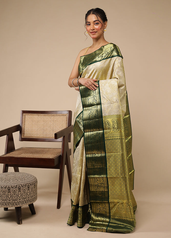 Cream Handloom Kanchipuram Pure Silk Saree With Blouse Piece