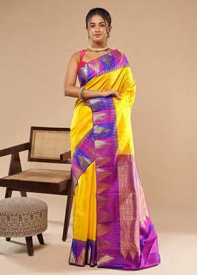 Kojagori Duo – Yellow Kanchipuram & Peach Printed Silk Sarees