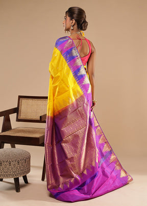 Kojagori Duo – Yellow Kanchipuram & Peach Printed Silk Sarees