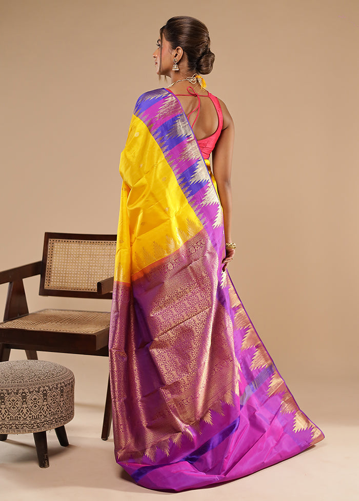 Kojagori Duo – Yellow Kanchipuram & Peach Printed Silk Sarees