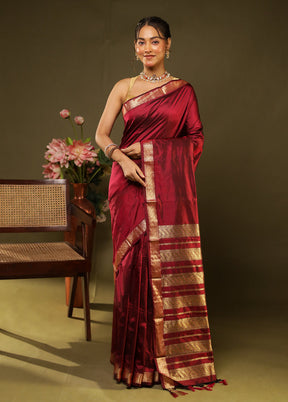 Maroon Handloom Kanjivaram Pure Silk Saree With Blouse Piece