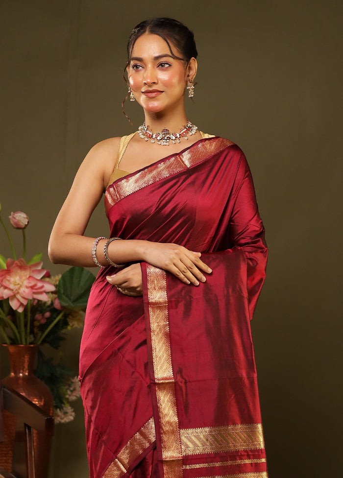 Maroon Handloom Kanjivaram Pure Silk Saree With Blouse Piece