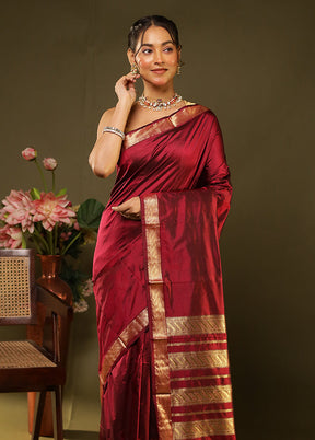 Maroon Handloom Kanjivaram Pure Silk Saree With Blouse Piece