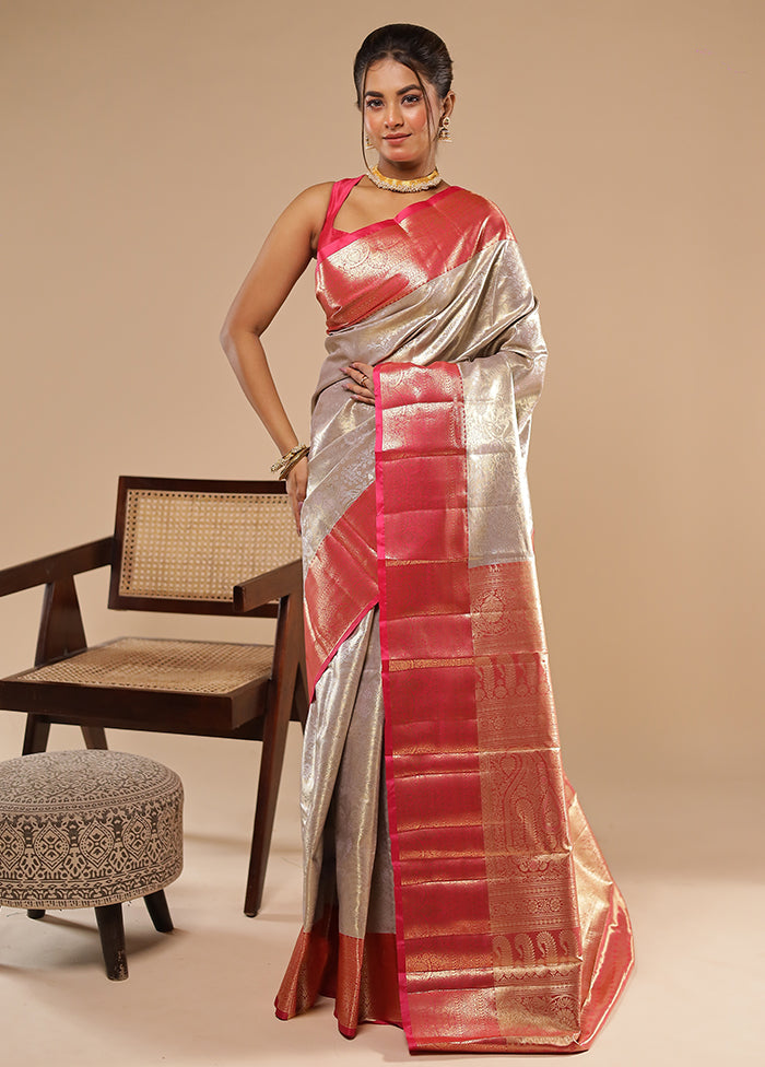 Grey Kanjivaram Silk Saree With Blouse Piece