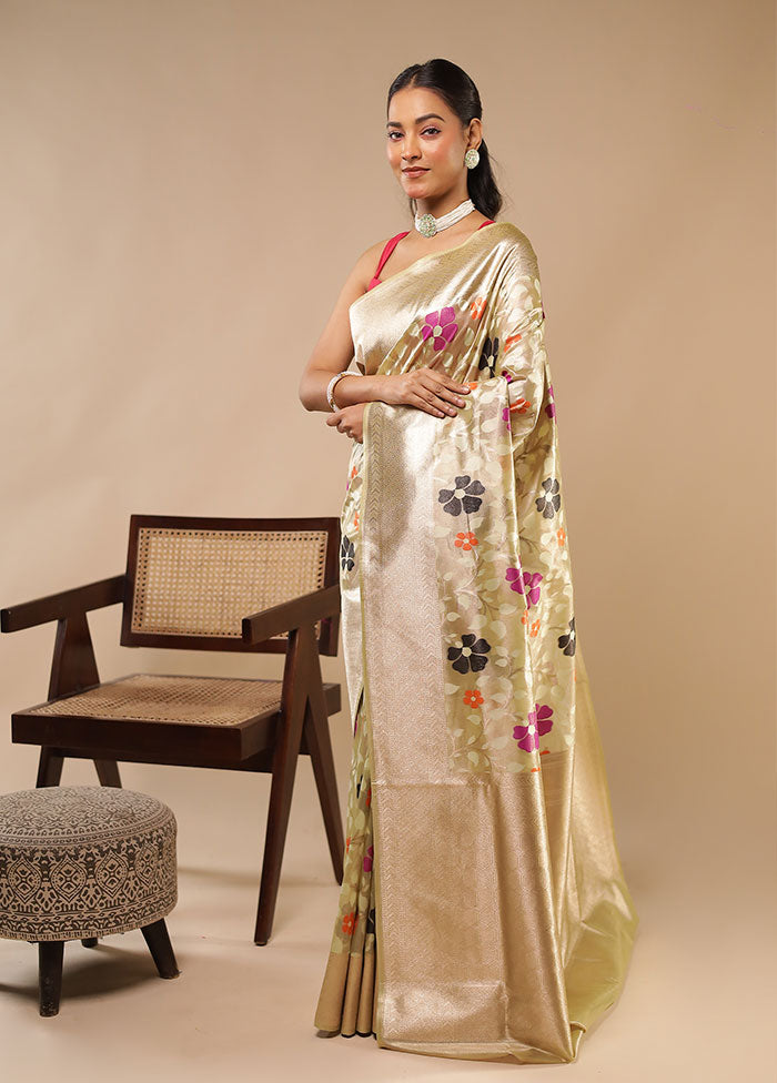 Cream Handloom Tissue Pure Silk Saree With Blouse Piece