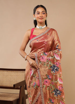 Rust Tissue Silk Saree With Blouse Piece