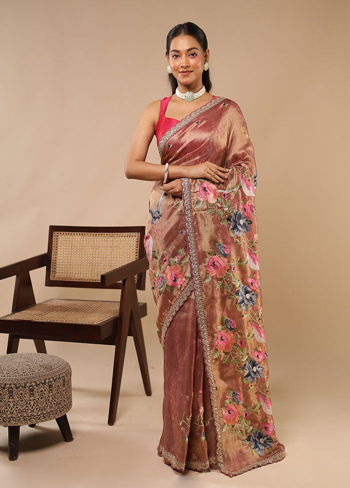 Peach Tissue Silk Saree With Blouse Piece