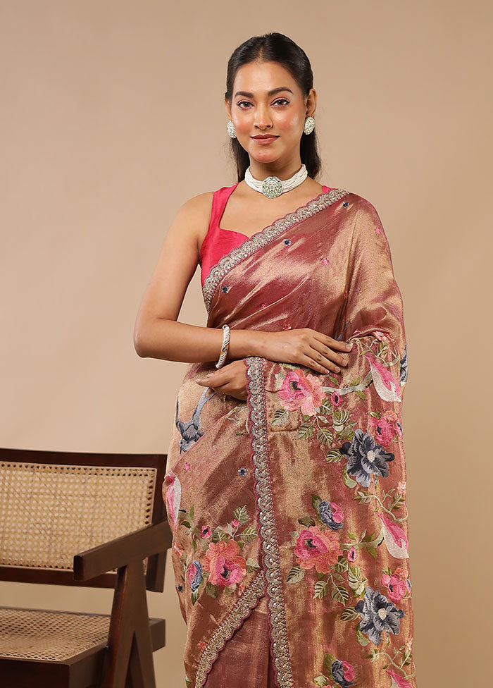 Peach Tissue Silk Saree With Blouse Piece