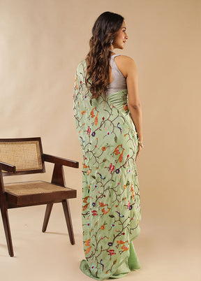 Pearl Prabhat Duo – Cream Dupion Silk & Green Chiffon Sarees