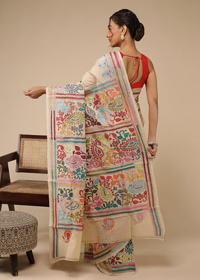 Cream Handloom Kantha Stitch Pure Silk Saree With Blouse Piece