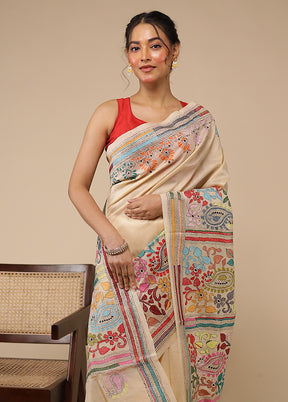 Cream Handloom Kantha Stitch Pure Silk Saree With Blouse Piece