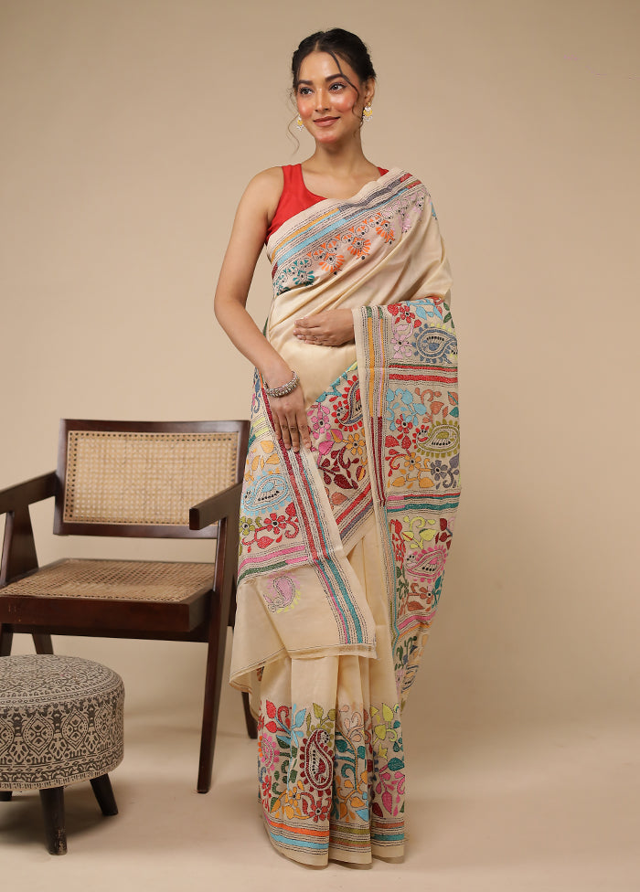 Cream Handloom Kantha Stitch Pure Silk Saree With Blouse Piece