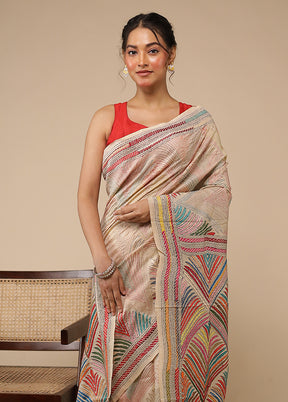 Cream Handloom Kantha Stitch Pure Silk Saree With Blouse Piece