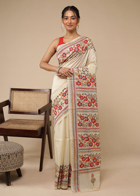 Cream Handloom Kantha Stitch Pure Silk Saree With Blouse Piece