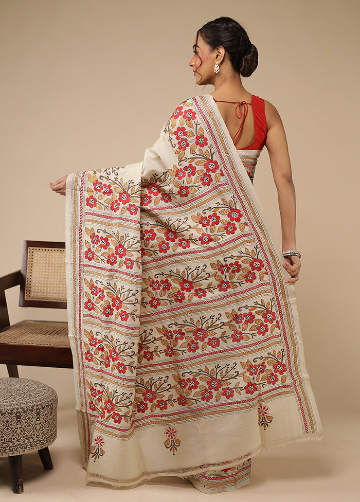 Cream Handloom Kantha Stitch Pure Silk Saree With Blouse Piece