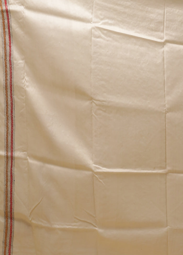 Cream Handloom Kantha Stitch Pure Silk Saree With Blouse Piece