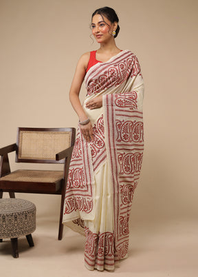 Cream Handloom Kantha Stitch Pure Silk Saree With Blouse Piece