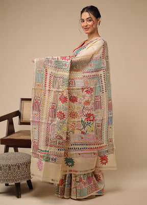 Cream Handloom Kantha Stitch Pure Silk Saree With Blouse Piece