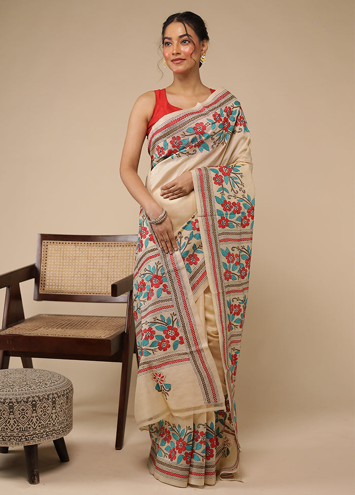 Cream Handloom Kantha Stitch Pure Silk Saree With Blouse Piece