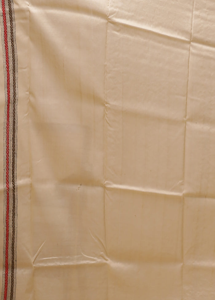 Cream Handloom Kantha Stitch Pure Silk Saree With Blouse Piece
