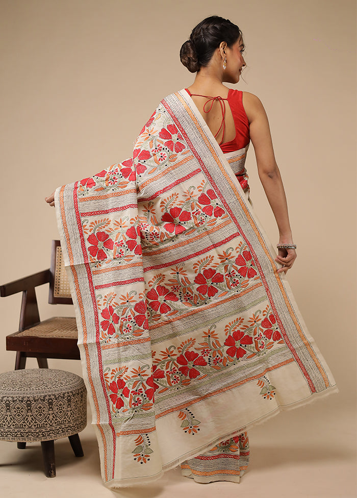 Cream Handloom Kantha Stitch Pure Silk Saree With Blouse Piece