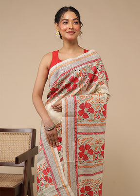 Cream Handloom Kantha Stitch Pure Silk Saree With Blouse Piece