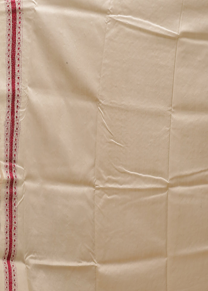 Cream Handloom Kantha Stitch Pure Silk Saree With Blouse Piece