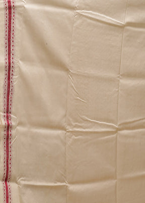 Cream Handloom Kantha Stitch Pure Silk Saree With Blouse Piece