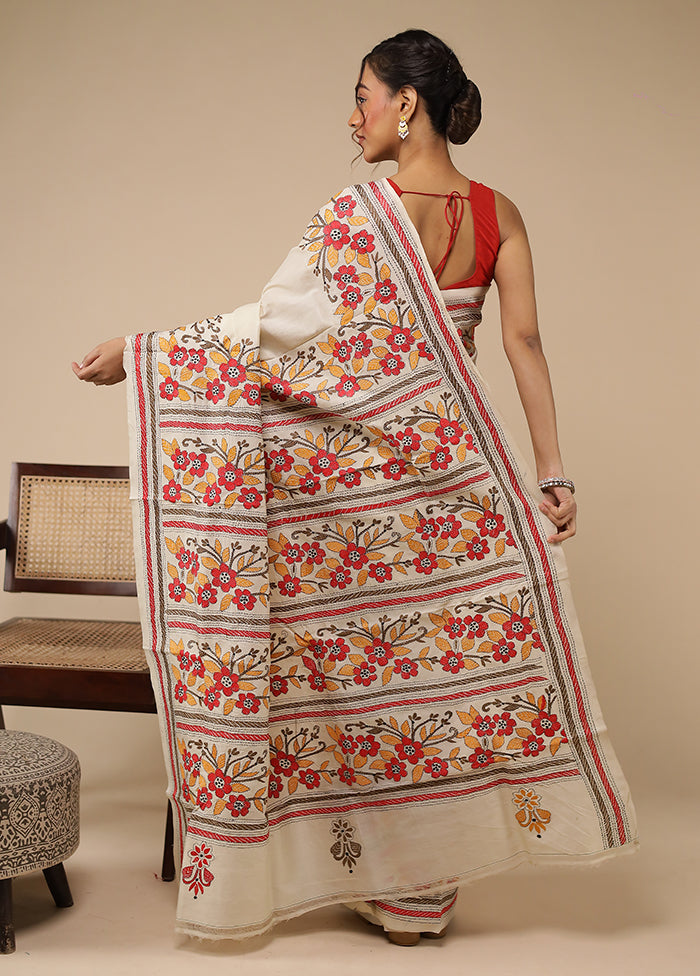 Cream Handloom Kantha Stitch Pure Silk Saree With Blouse Piece