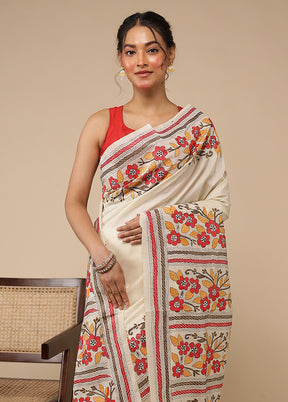 Cream Handloom Kantha Stitch Pure Silk Saree With Blouse Piece