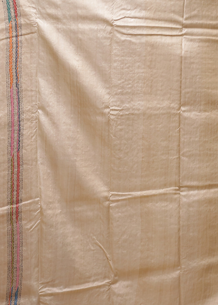 Cream Handloom Kantha Stitch Pure Silk Saree With Blouse Piece