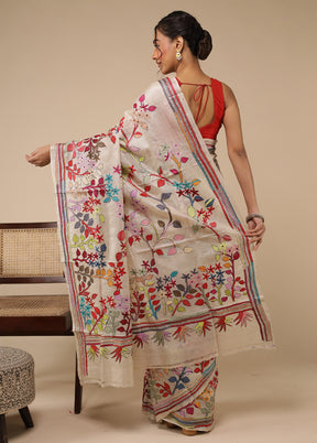 Cream Handloom Kantha Stitch Pure Silk Saree With Blouse Piece