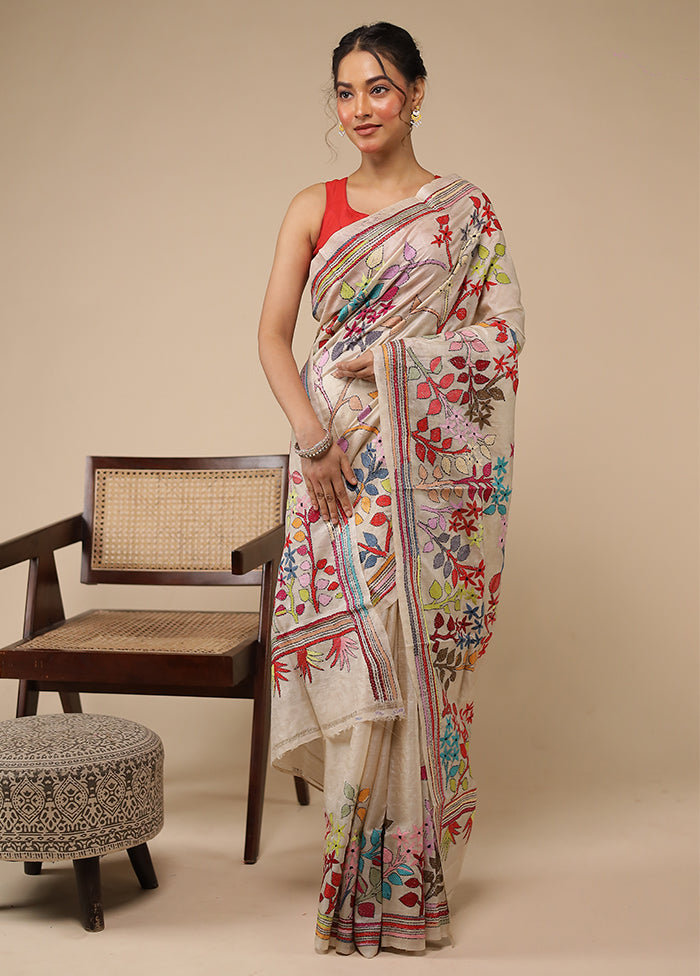 Cream Handloom Kantha Stitch Pure Silk Saree With Blouse Piece