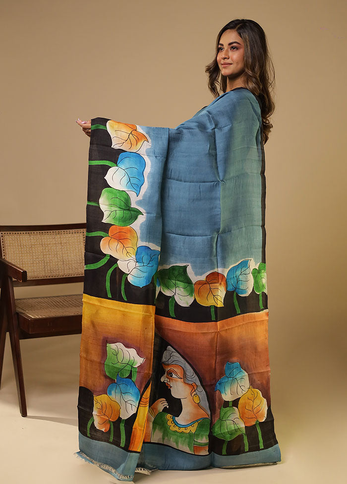 Blue Printed Pure Silk Saree With Blouse Piece