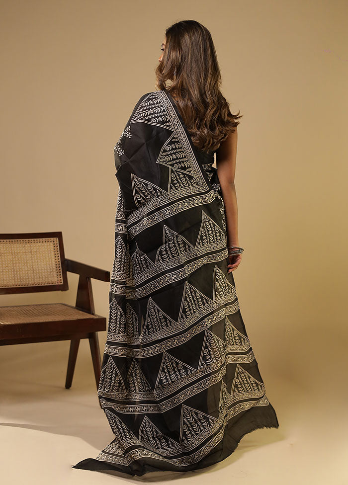 Black Printed Pure Silk Saree Without Blouse Piece