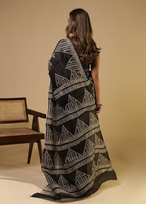 Black Printed Pure Silk Saree With Blouse Piece
