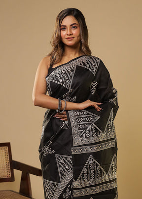 Black Printed Pure Silk Saree With Blouse Piece