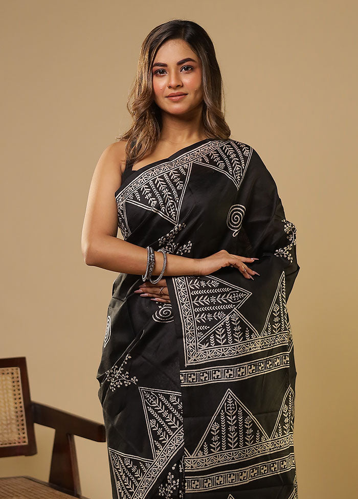 Black Printed Pure Silk Saree With Blouse Piece