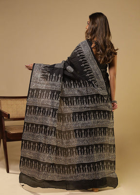 Black Printed Pure Silk Saree With Blouse Piece