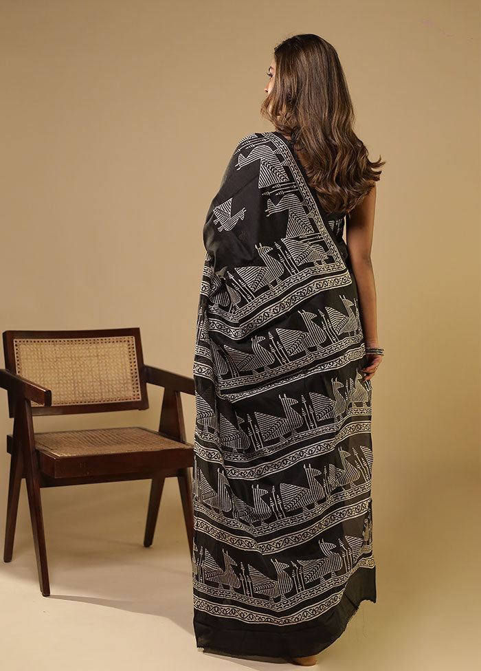 Black Printed Pure Silk Saree Without Blouse Piece
