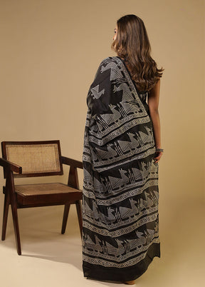 Black Printed Pure Silk Saree Without Blouse Piece