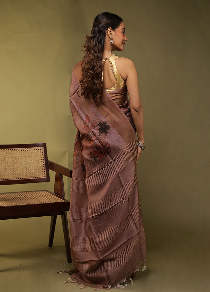 Brown Handloom Tussar Pure Silk Saree With Blouse Piece