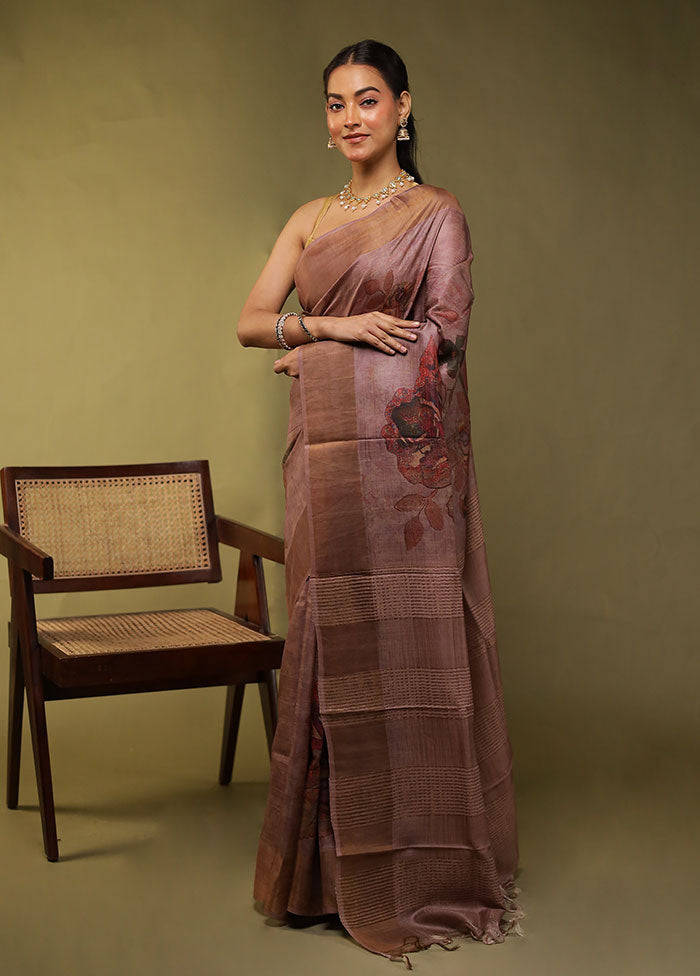 Brown Handloom Tussar Pure Silk Saree With Blouse Piece