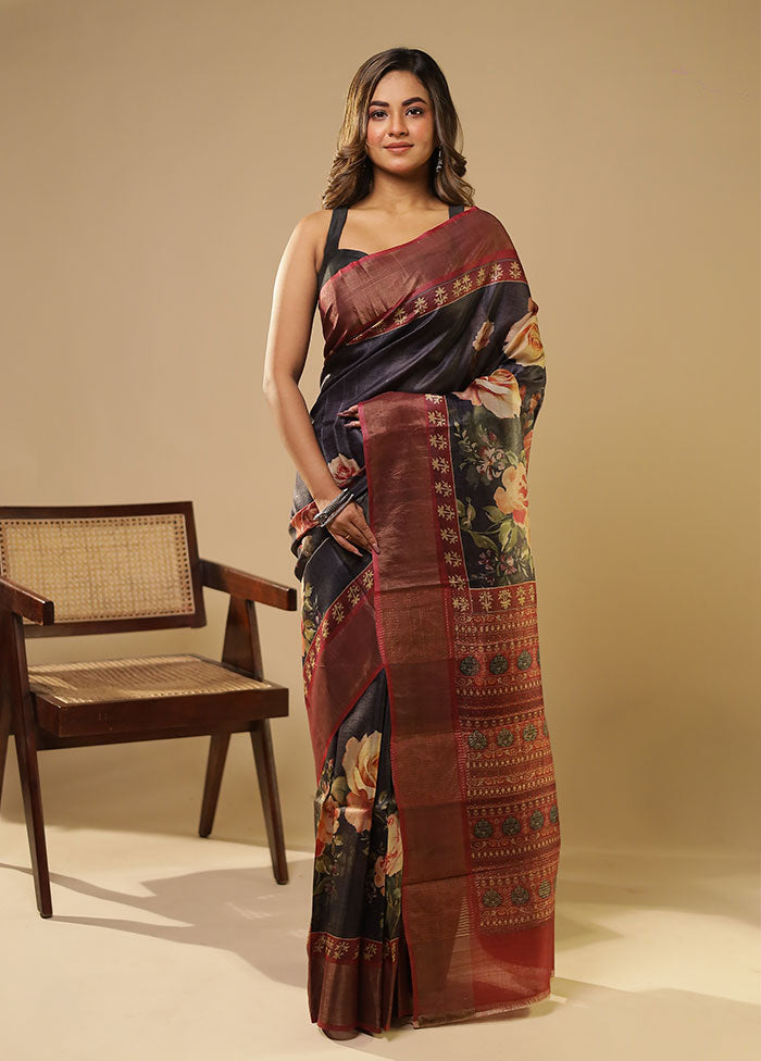 Black Handloom Tussar Pure Silk Saree With Blouse Piece
