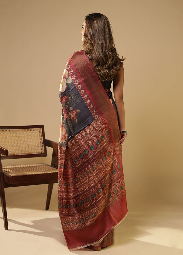 Rust Handloom Tussar Pure Silk Saree With Blouse Piece