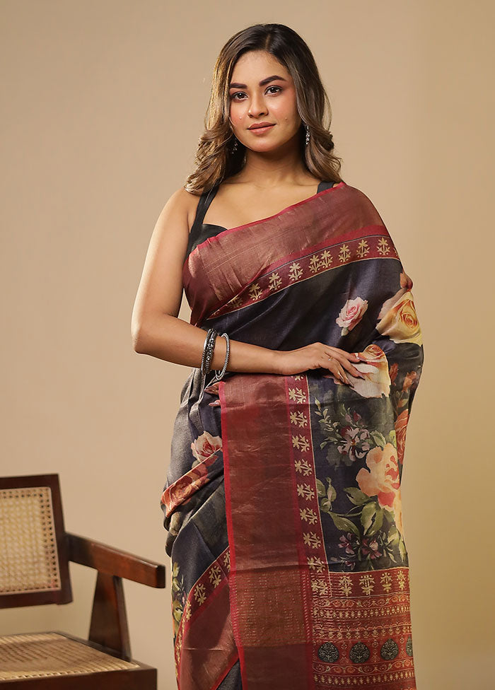 Black Handloom Tussar Pure Silk Saree With Blouse Piece