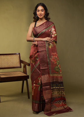 Maroon Handloom Tussar Pure Silk Saree With Blouse Piece